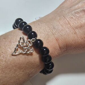 Black Beaded Halloween Silver Tone Ghost Charm Stretch Bracelet 7"